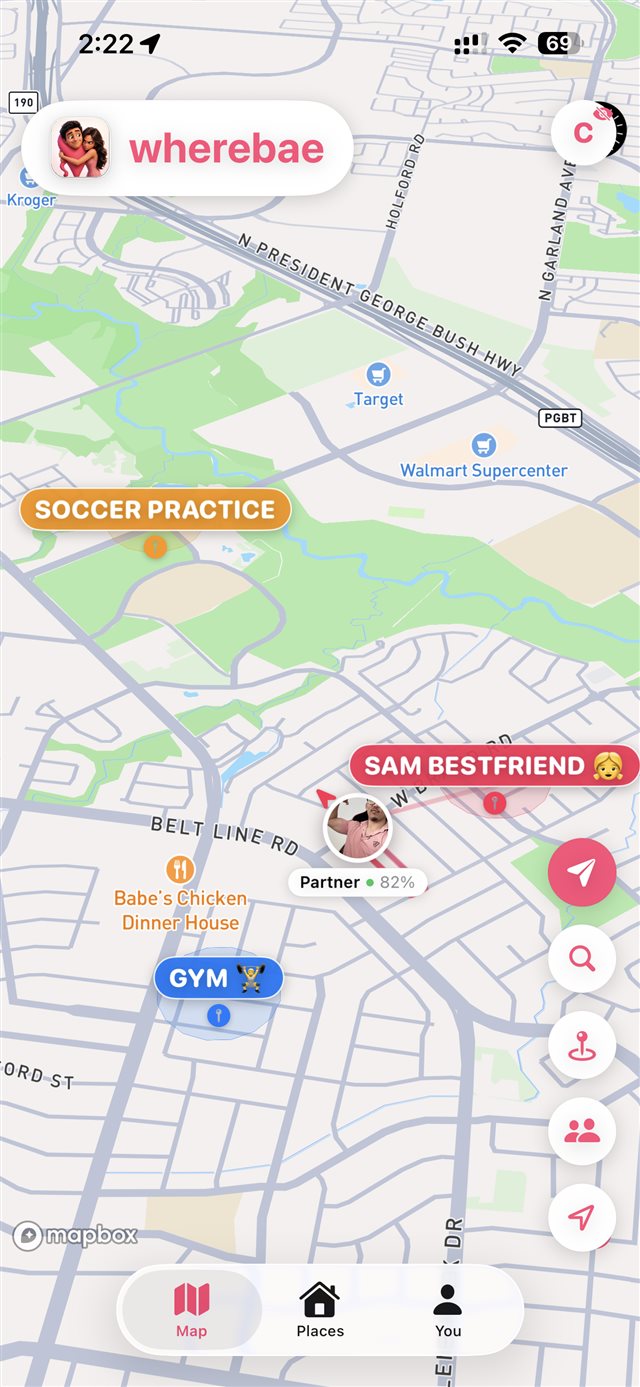 wherebae live map showing your partner's location, battery level, and saved places